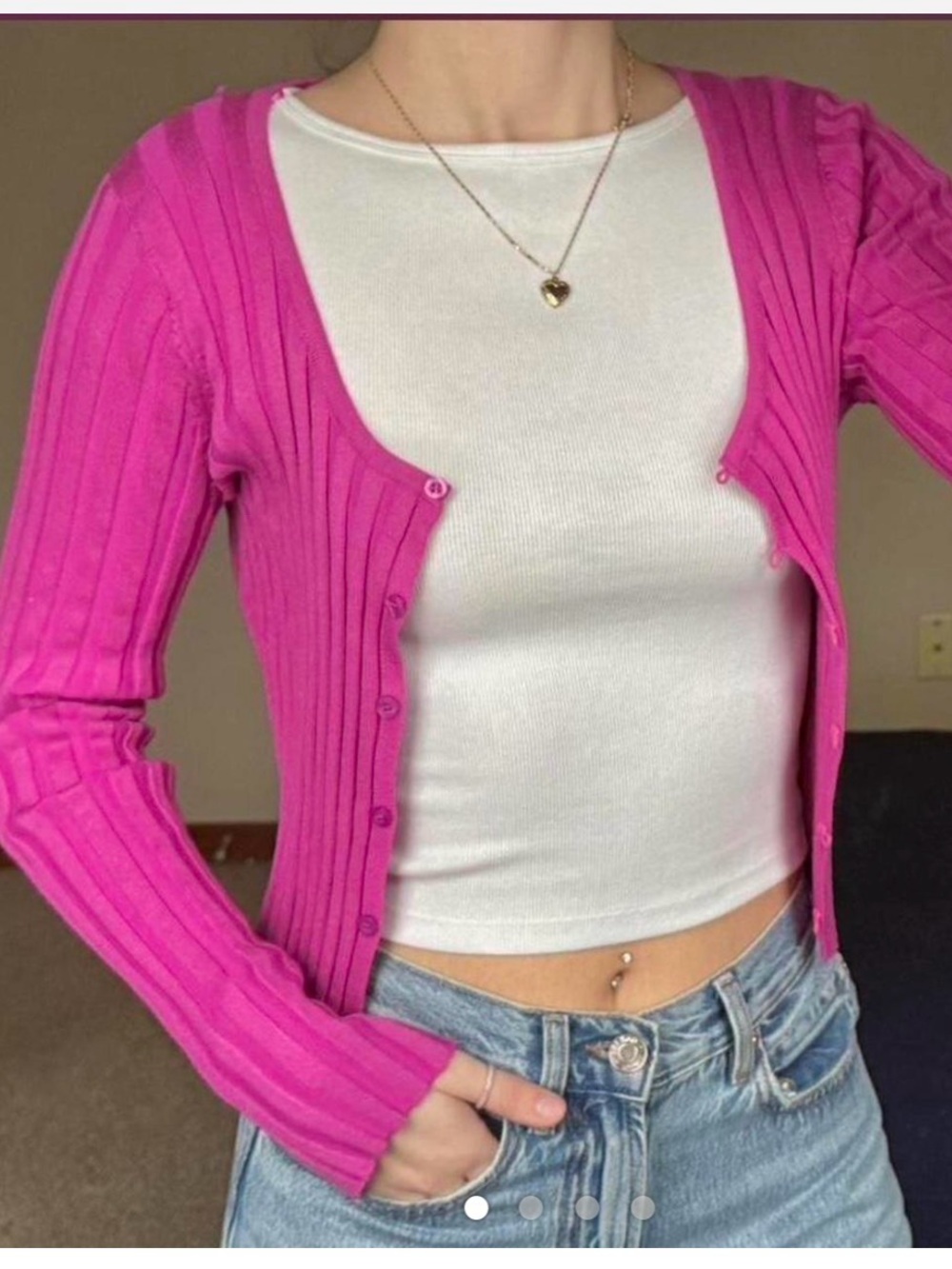 Pink Rose Ribbed Button-Front Crop Cardigan in Fuchsia Pink